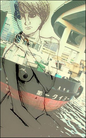 東京湾とヌードコラージュ作品「港と夕焼け」・写真